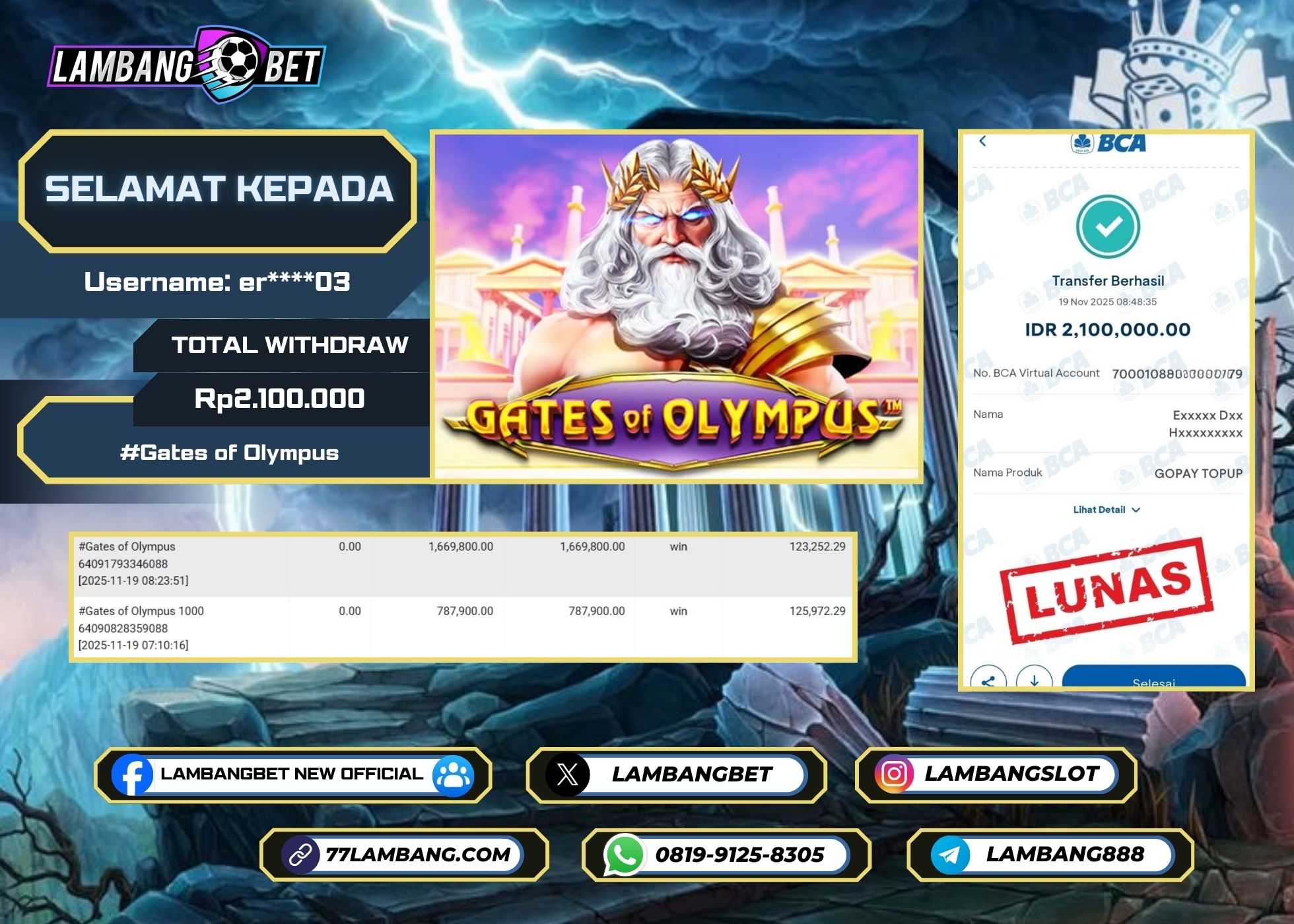 LAMBANGBET [19 NOVEMBER 2025] JACKPOT SLOT Gates of Olympus "Rp2.100.000" LUNAS